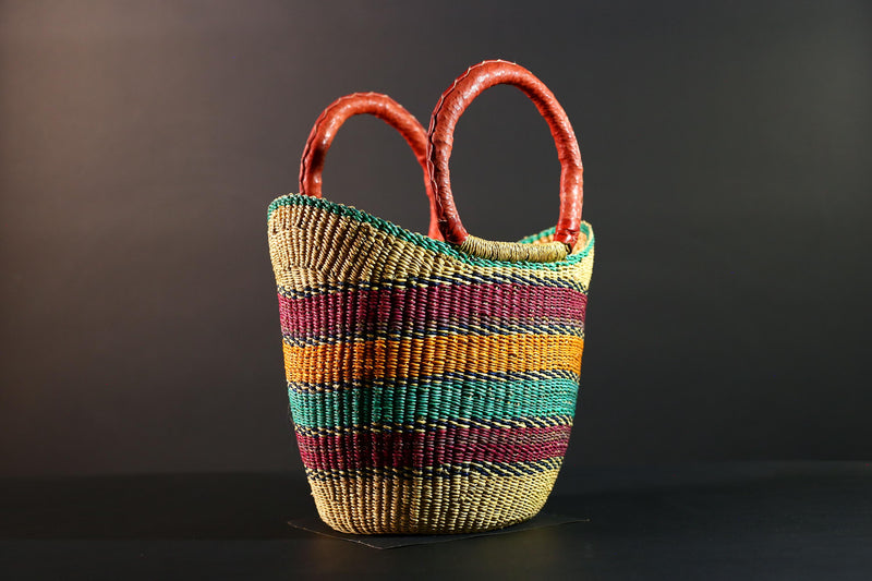 Bolga Basket Ghana Straw Tote African Tribal Market Bag Handmade Woven Decor Leather Handle Storage Organizer Colorful Art G5607
