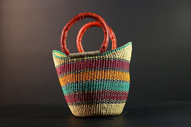Bolga Basket Ghana Straw Tote African Tribal Market Bag Handmade Woven Decor Leather Handle Storage Organizer Colorful Art G5607