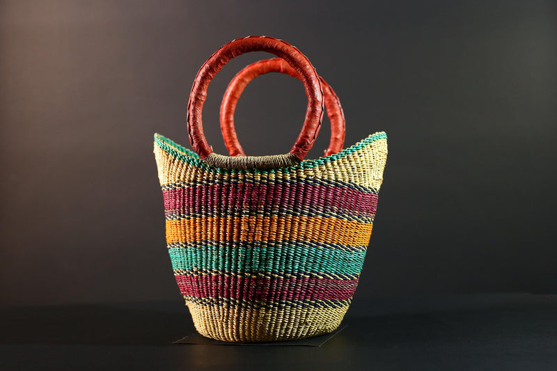 Bolga Basket Ghana Straw Tote African Tribal Market Bag Handmade Woven Decor Leather Handle Storage Organizer Colorful Art G5607