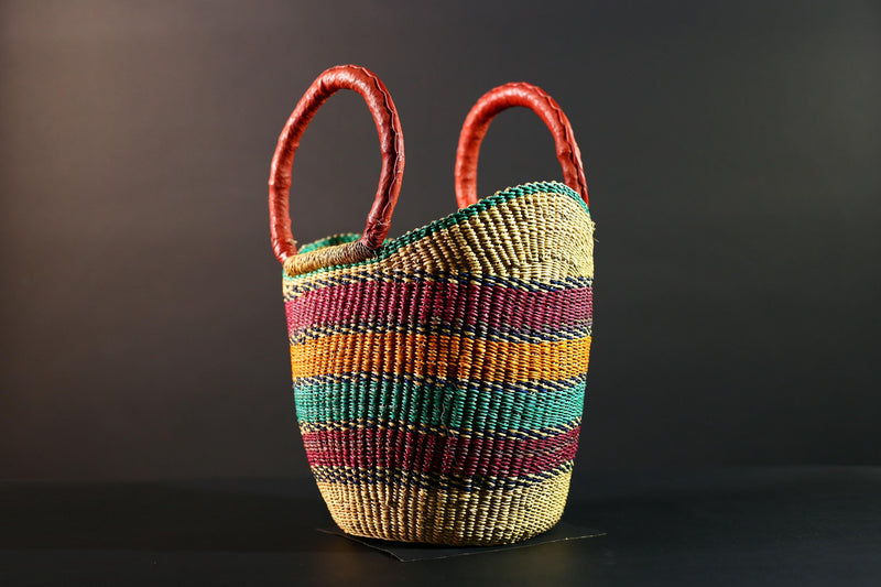 Bolga Basket Ghana Straw Tote African Tribal Market Bag Handmade Woven Decor Leather Handle Storage Organizer Colorful Art G5607