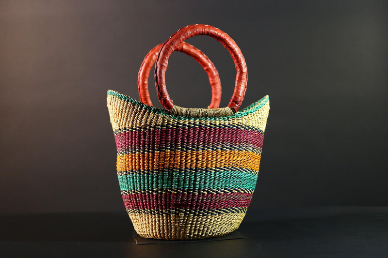 Bolga Basket Ghana Straw Tote African Tribal Market Bag Handmade Woven Decor Leather Handle Storage Organizer Colorful Art G5607