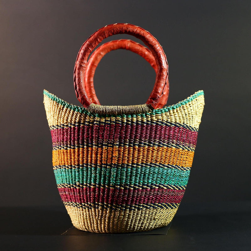 Bolga Basket Ghana Straw Tote African Tribal Market Bag Handmade Woven Decor Leather Handle Storage Organizer Colorful Art G5607