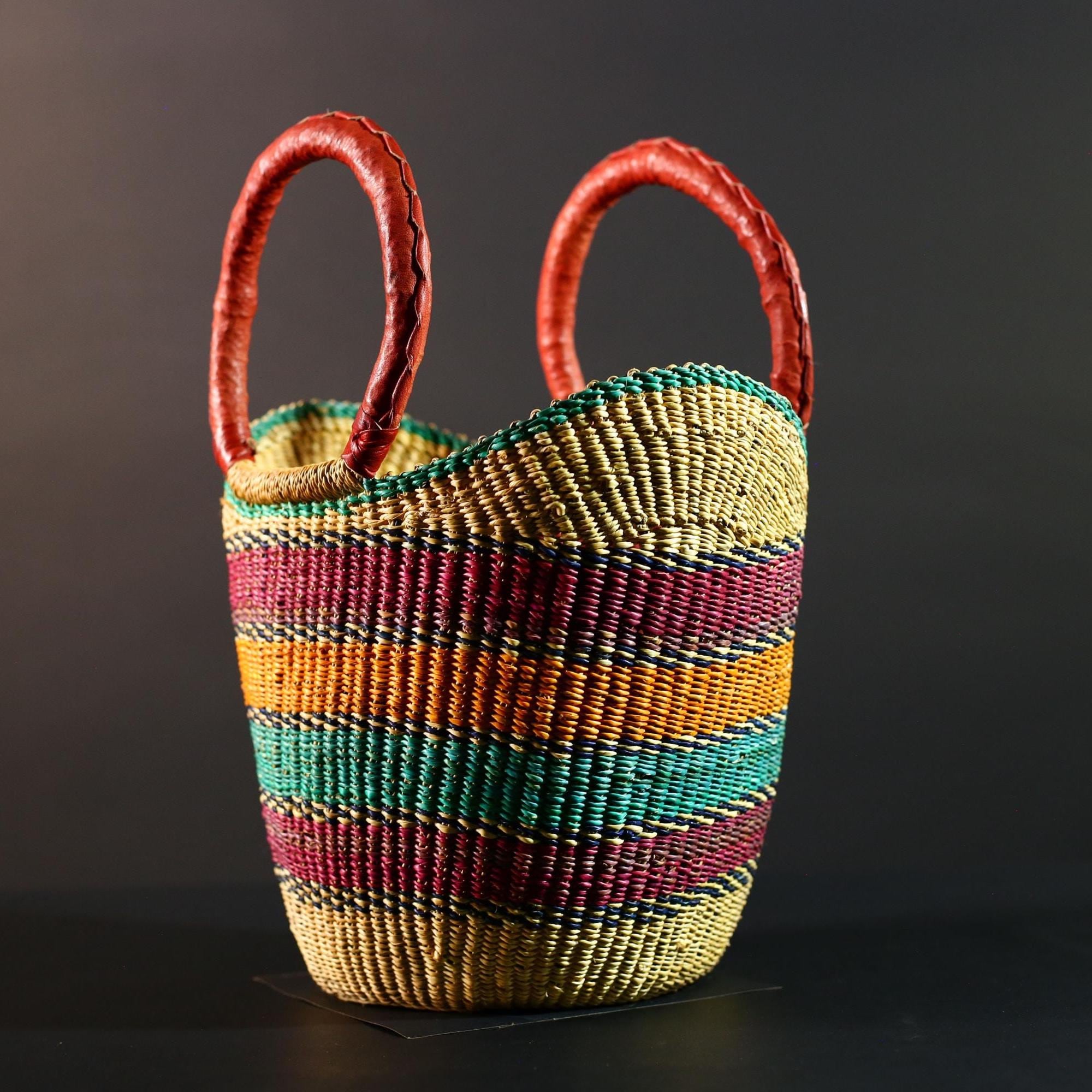 Bolga Basket Ghana Straw Tote African Tribal Market Bag Handmade Woven Decor Leather Handle Storage Organizer Colorful Art G5607