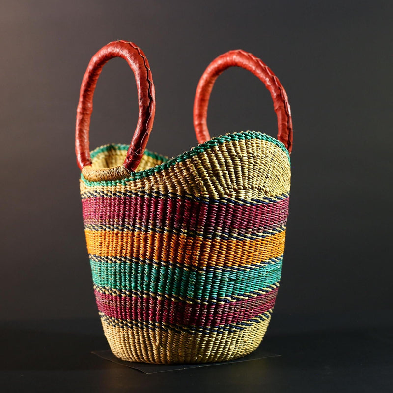 Bolga Basket Ghana Straw Tote African Tribal Market Bag Handmade Woven Decor Leather Handle Storage Organizer Colorful Art G5607