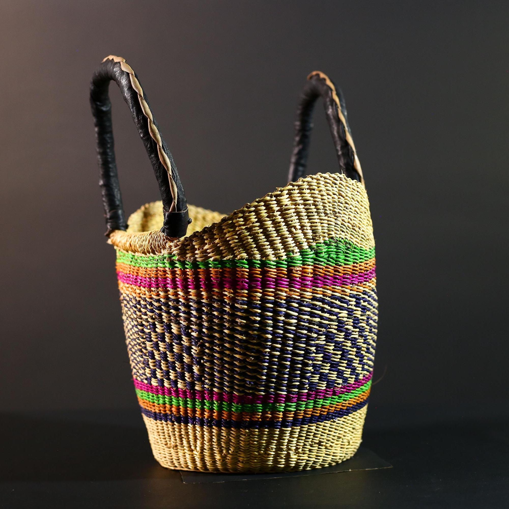 Bolga Basket Ghana Straw Market Bag African Tribal Decor Woven Storage Tote Natural Leather Handle Organizer Colorful Craft Art G5608