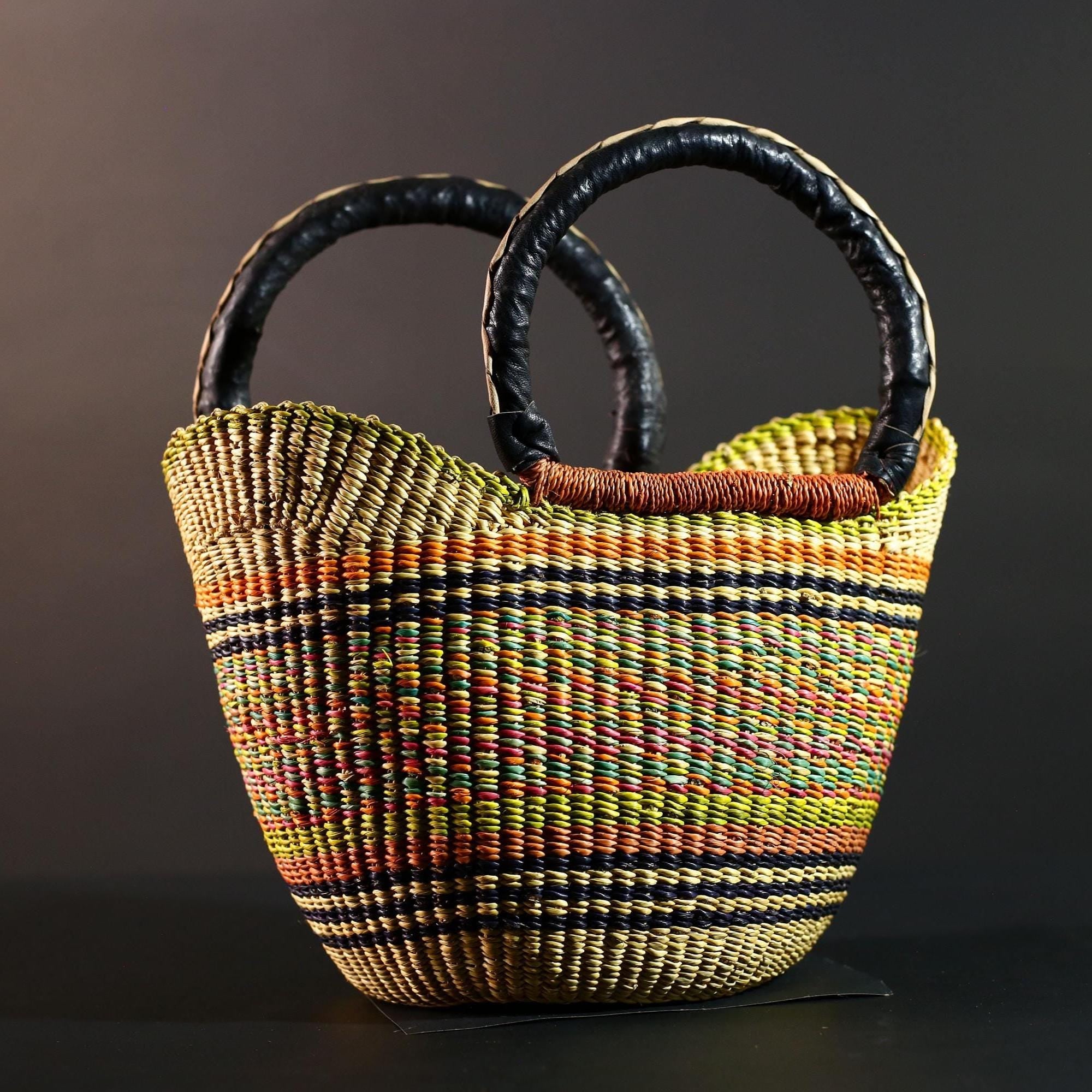 Bolga Basket African Market Tote Handwoven Straw Organizer Tribal Ghana Basket Decor Natural Leather Handle Colorful Storage Art G5609