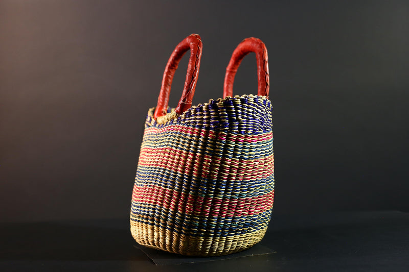 African Bolga Basket Colorful Straw Tote Ghana Tribal Art Market Bag Handwoven Organizer Leather Handle Home Decor Storage Basket G5610