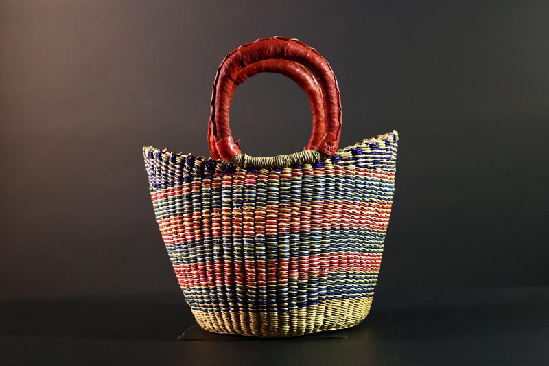 African Bolga Basket Colorful Straw Tote Ghana Tribal Art Market Bag Handwoven Organizer Leather Handle Home Decor Storage Basket G5610