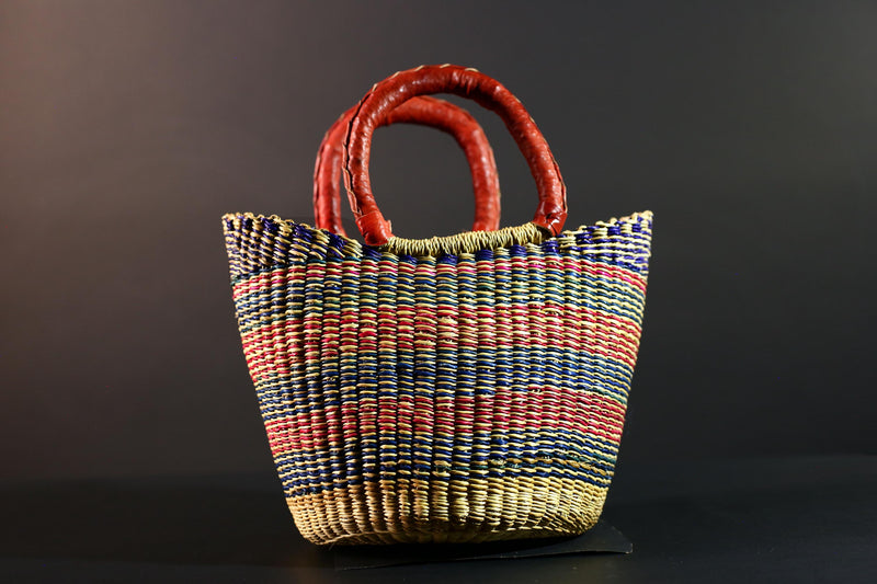 African Bolga Basket Colorful Straw Tote Ghana Tribal Art Market Bag Handwoven Organizer Leather Handle Home Decor Storage Basket G5610