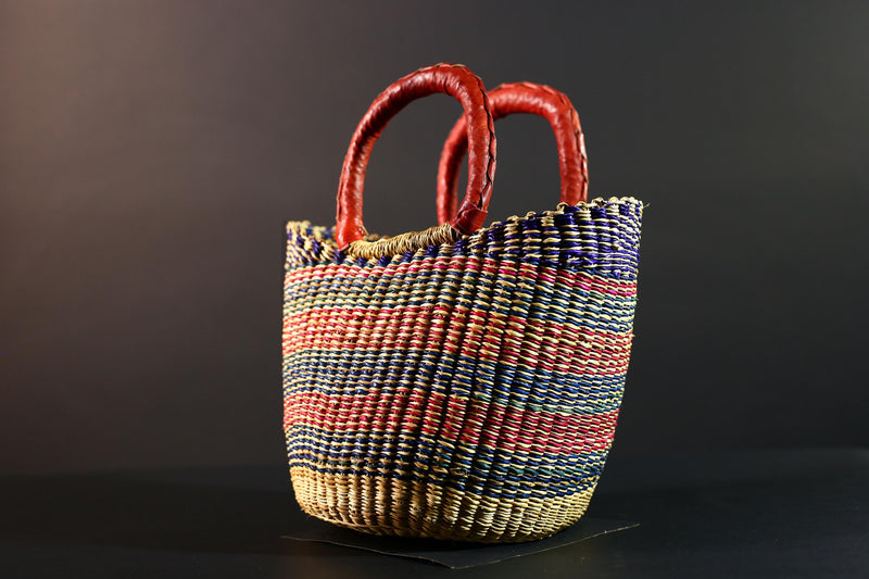 African Bolga Basket Colorful Straw Tote Ghana Tribal Art Market Bag Handwoven Organizer Leather Handle Home Decor Storage Basket G5610
