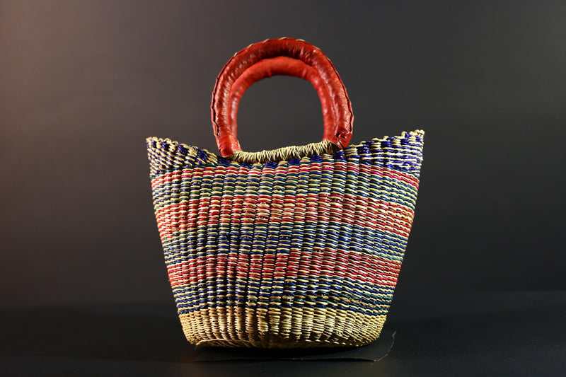 African Bolga Basket Colorful Straw Tote Ghana Tribal Art Market Bag Handwoven Organizer Leather Handle Home Decor Storage Basket G5610