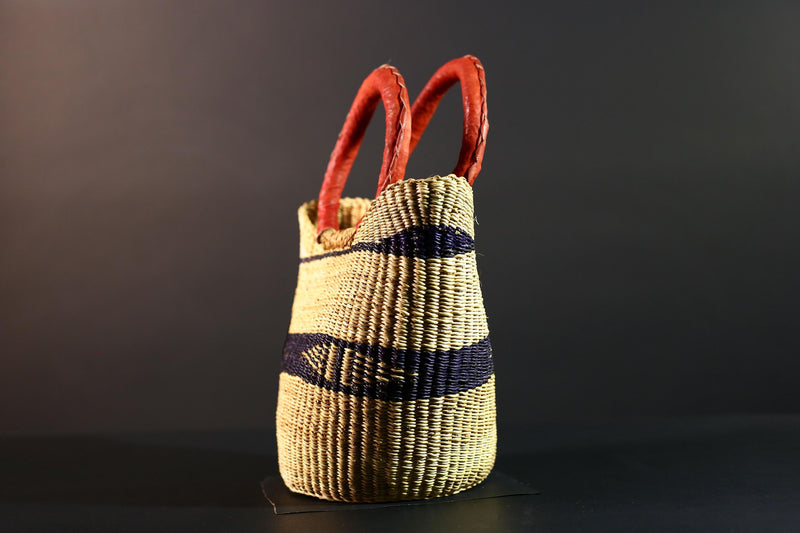 African Bolga Basket Straw Tote Ghana Tribal Art Market Bag Handwoven Storage Organizer Red Leather Handle Decor Woven Carry Basket G5611