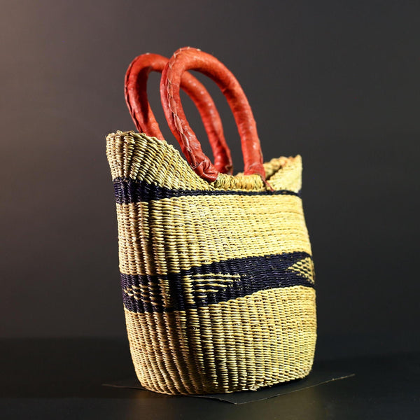 African Bolga Basket Straw Tote Ghana Tribal Art Market Bag Handwoven Storage Organizer Red Leather Handle Decor Woven Carry Basket G5611