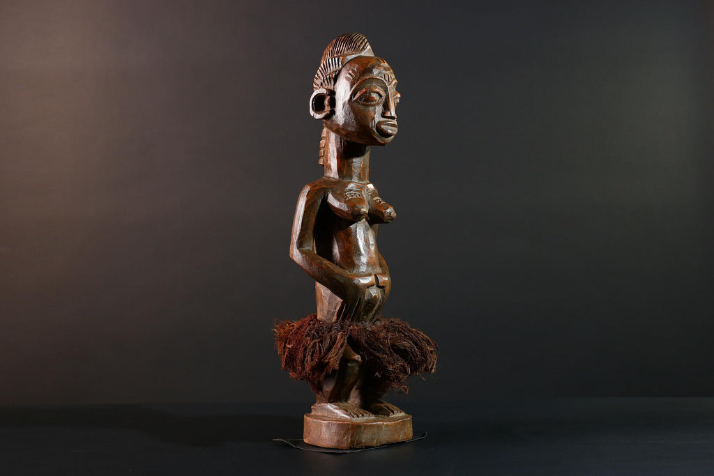 Baule Female Ancestor Figure African Tribal Statue Côte d’Ivoire Wood Sculpture Hand Carved Skirted Decor Spirit Doll Tribal Art-G5613