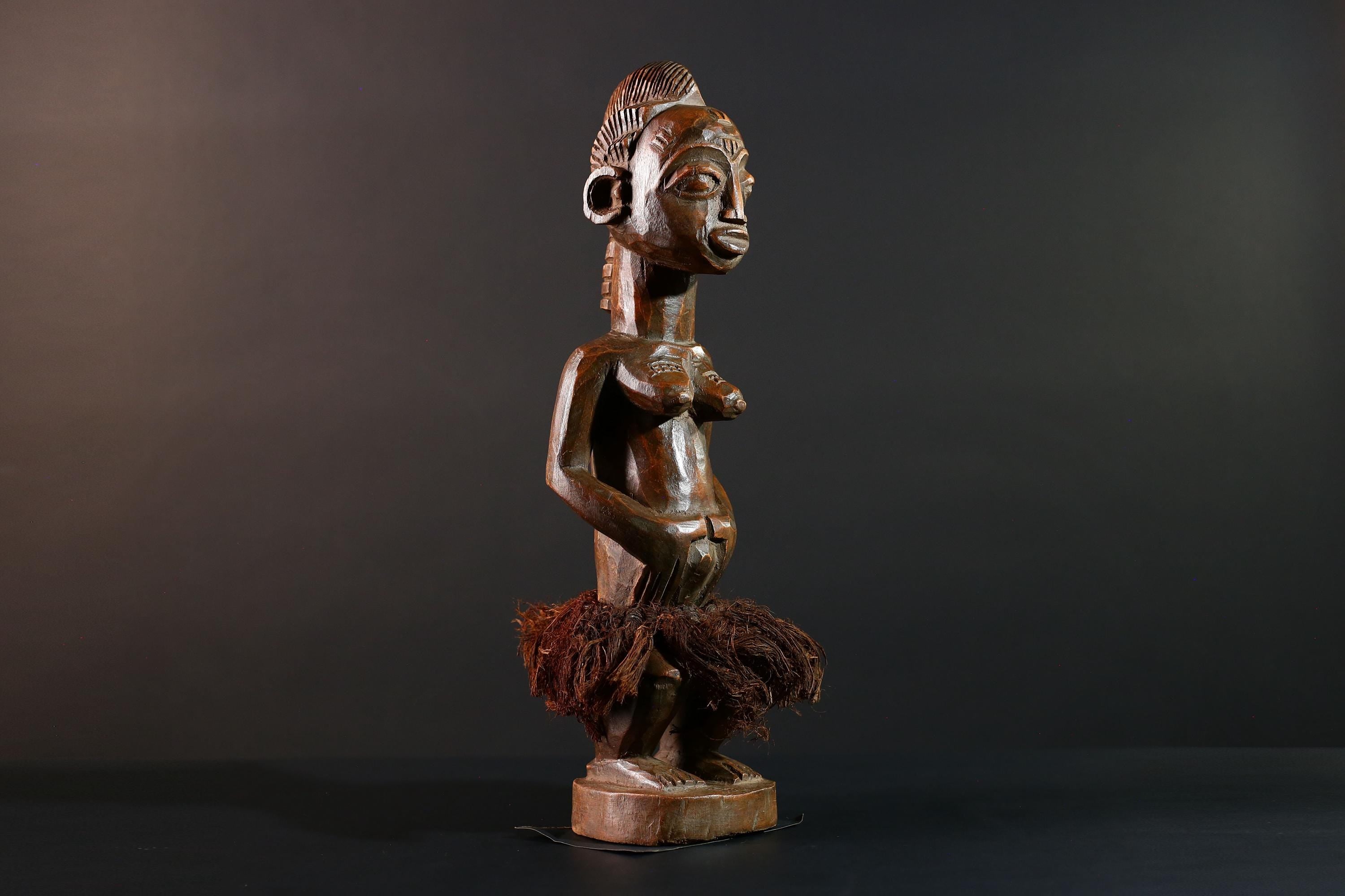 Baule Female Ancestor Figure African Tribal Statue Côte d’Ivoire Wood Sculpture Hand Carved Skirted Decor Spirit Doll Tribal Art-G5613