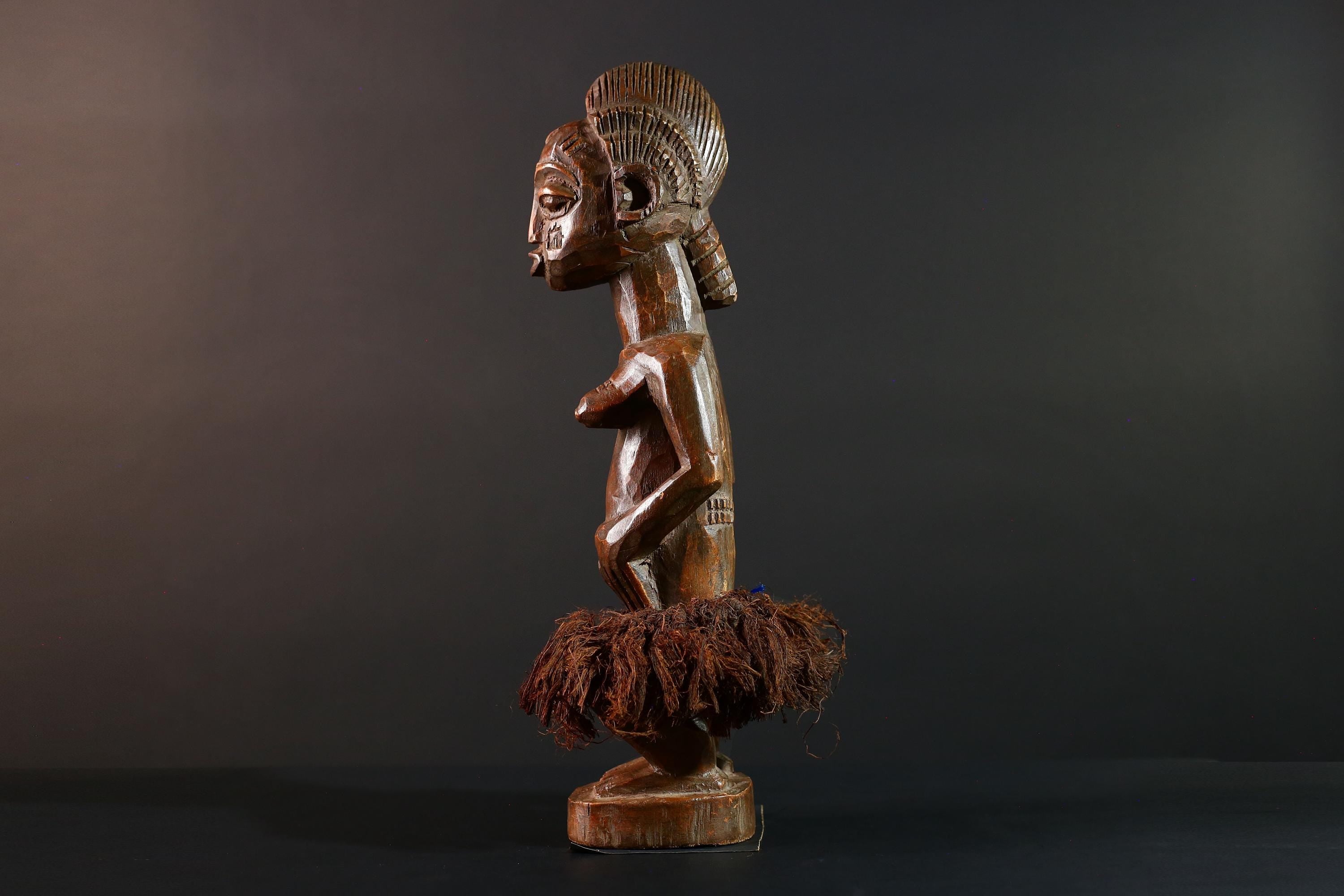 Baule Female Ancestor Figure African Tribal Statue Côte d’Ivoire Wood Sculpture Hand Carved Skirted Decor Spirit Doll Tribal Art-G5613