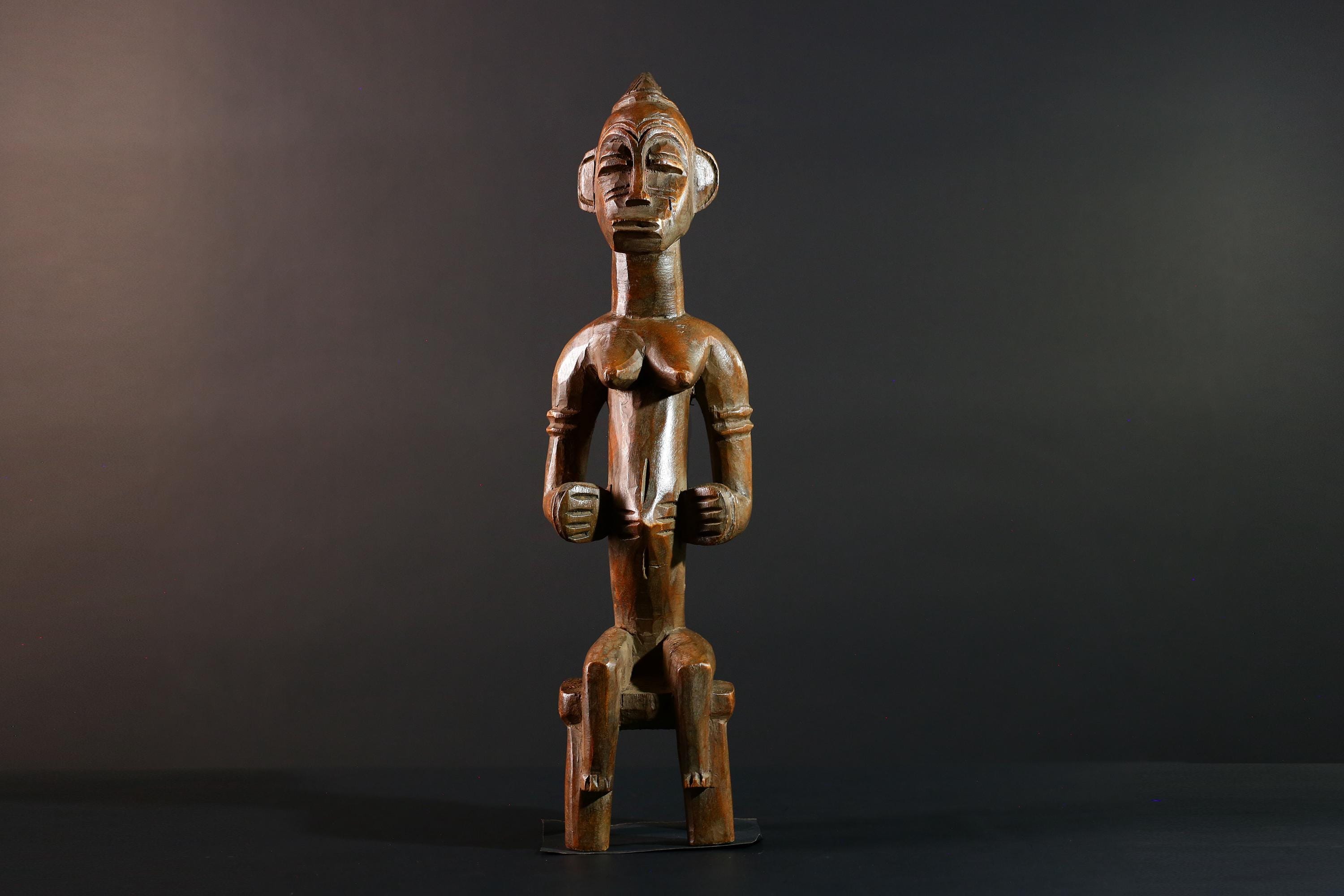 African Baule Seated Figure Ancestor Art Tribal Carved Wood Sculpture Côte d’Ivoire Ethnic Decor Spiritual Statue Cultural Icon-G5613