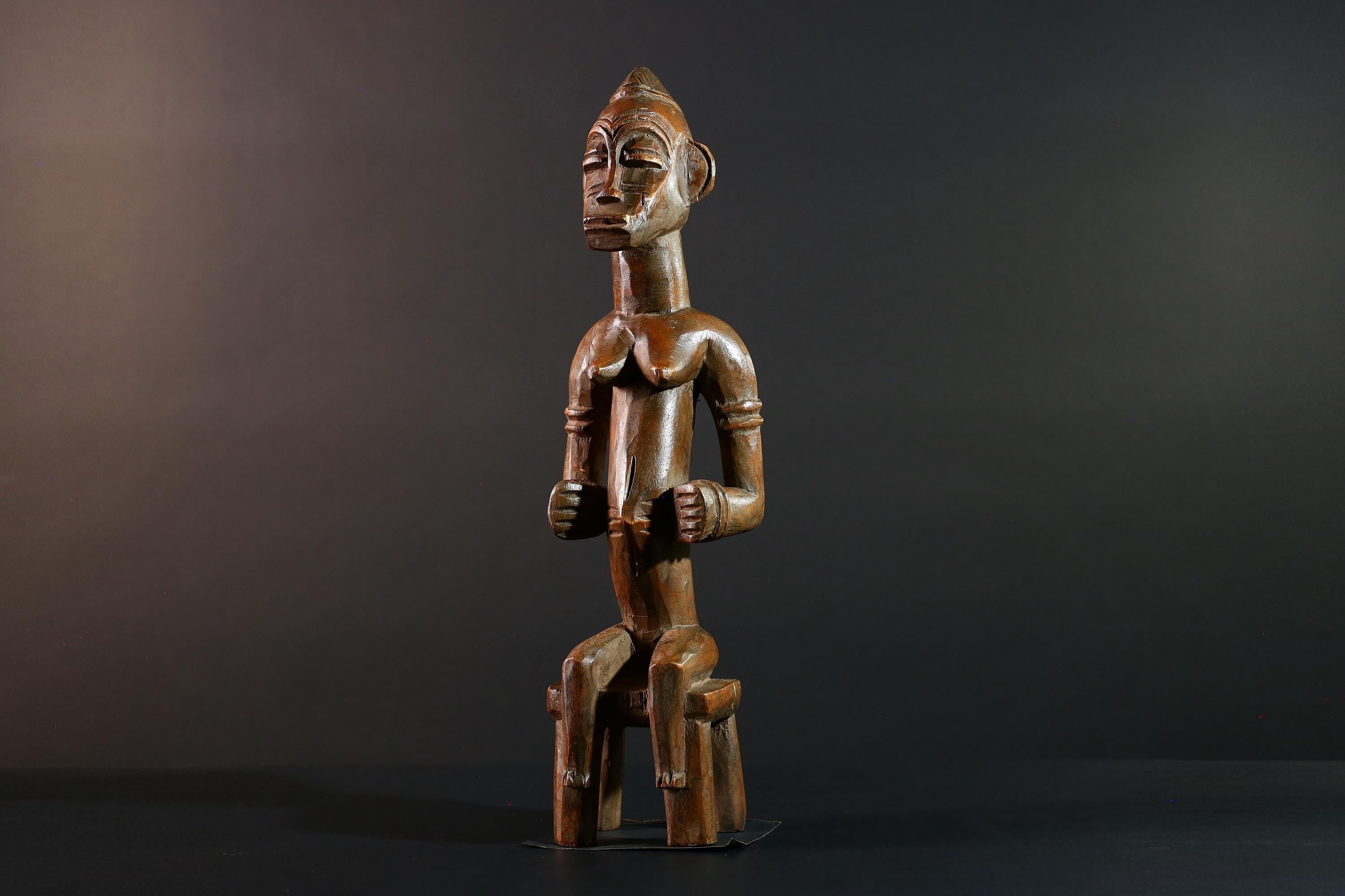 African Baule Seated Figure Ancestor Art Tribal Carved Wood Sculpture Côte d’Ivoire Ethnic Decor Spiritual Statue Cultural Icon-G5613