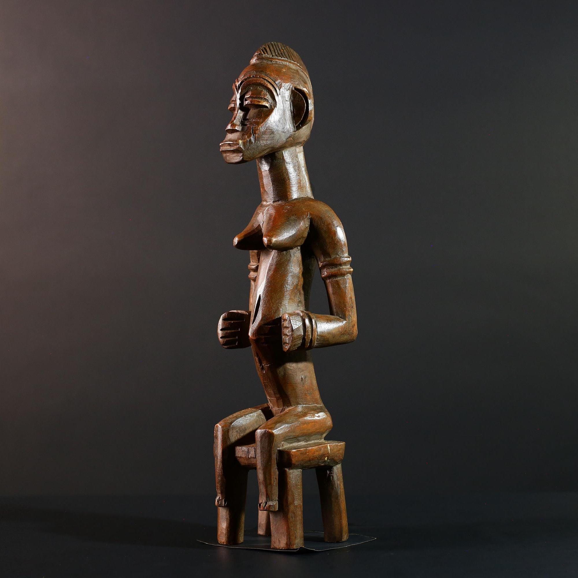 African Baule Seated Figure Ancestor Art Tribal Carved Wood Sculpture Côte d’Ivoire Ethnic Decor Spiritual Statue Cultural Icon-G5613