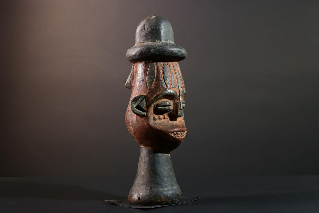 African Songye Head Figure Tribal Wood Sculpture Congo Art Spirit Carving Ceremonial Bust Ethnic Home Decor Wall Accent-G5615
