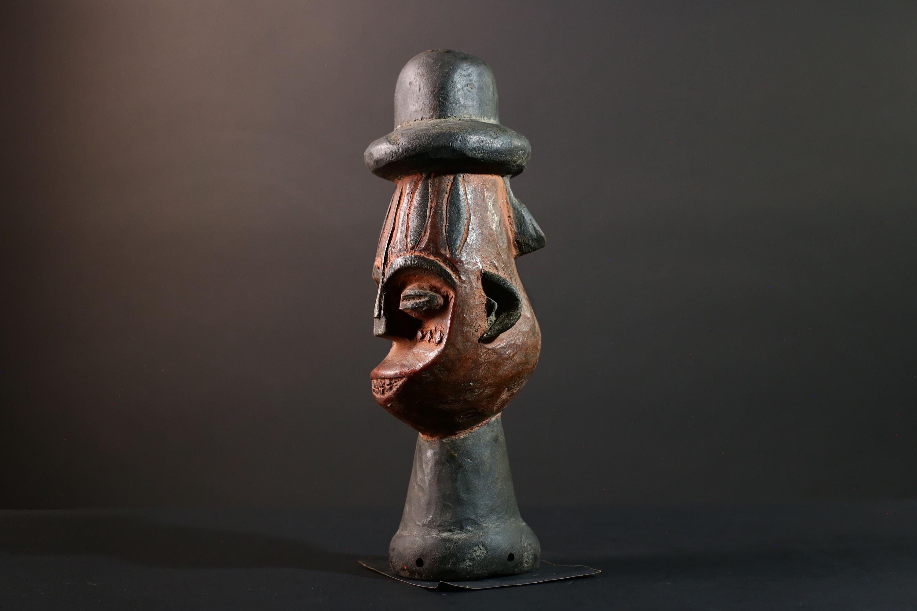 African Songye Head Figure Tribal Wood Sculpture Congo Art Spirit Carving Ceremonial Bust Ethnic Home Decor Wall Accent-G5615