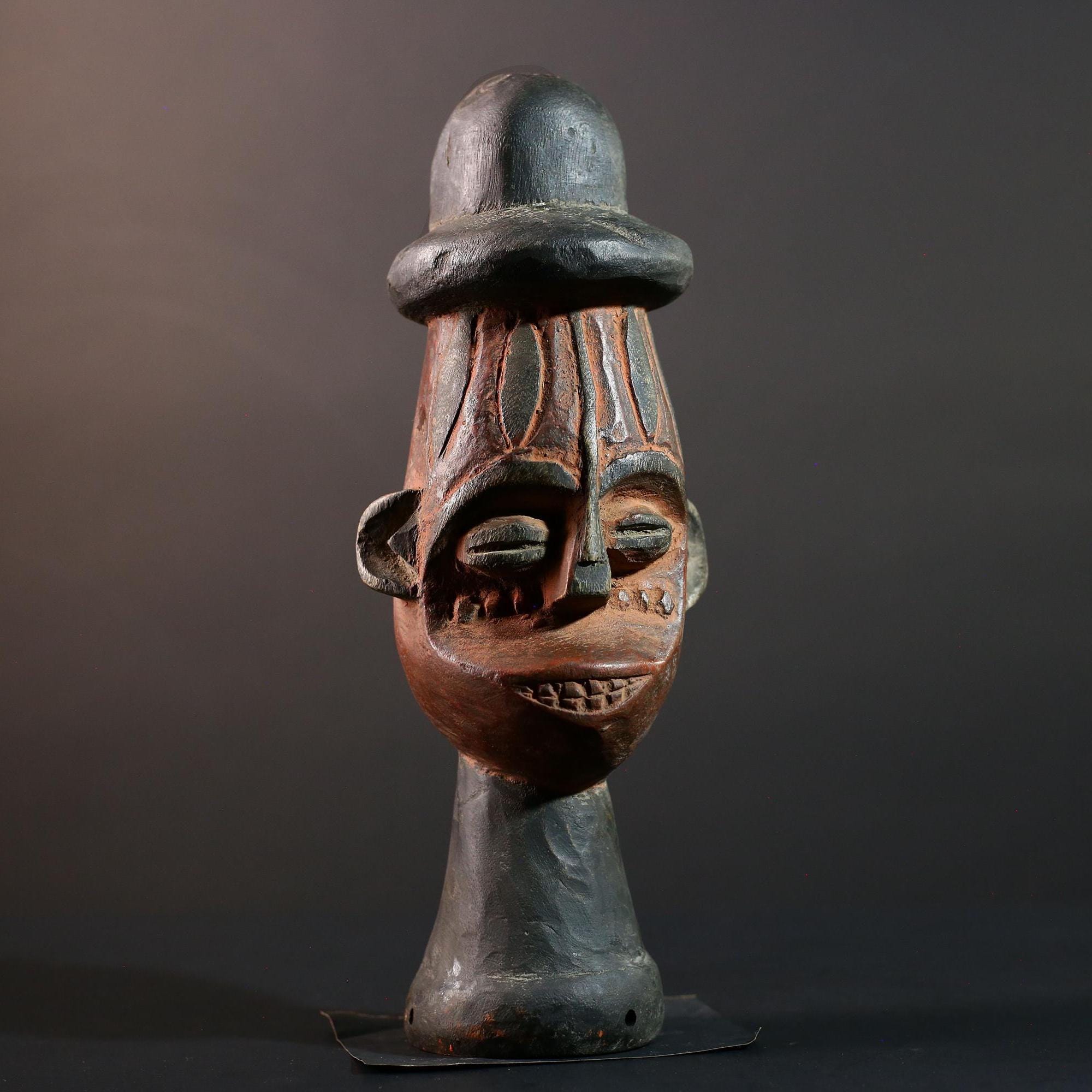 African Songye Head Figure Tribal Wood Sculpture Congo Art Spirit Carving Ceremonial Bust Ethnic Home Decor Wall Accent-G5615