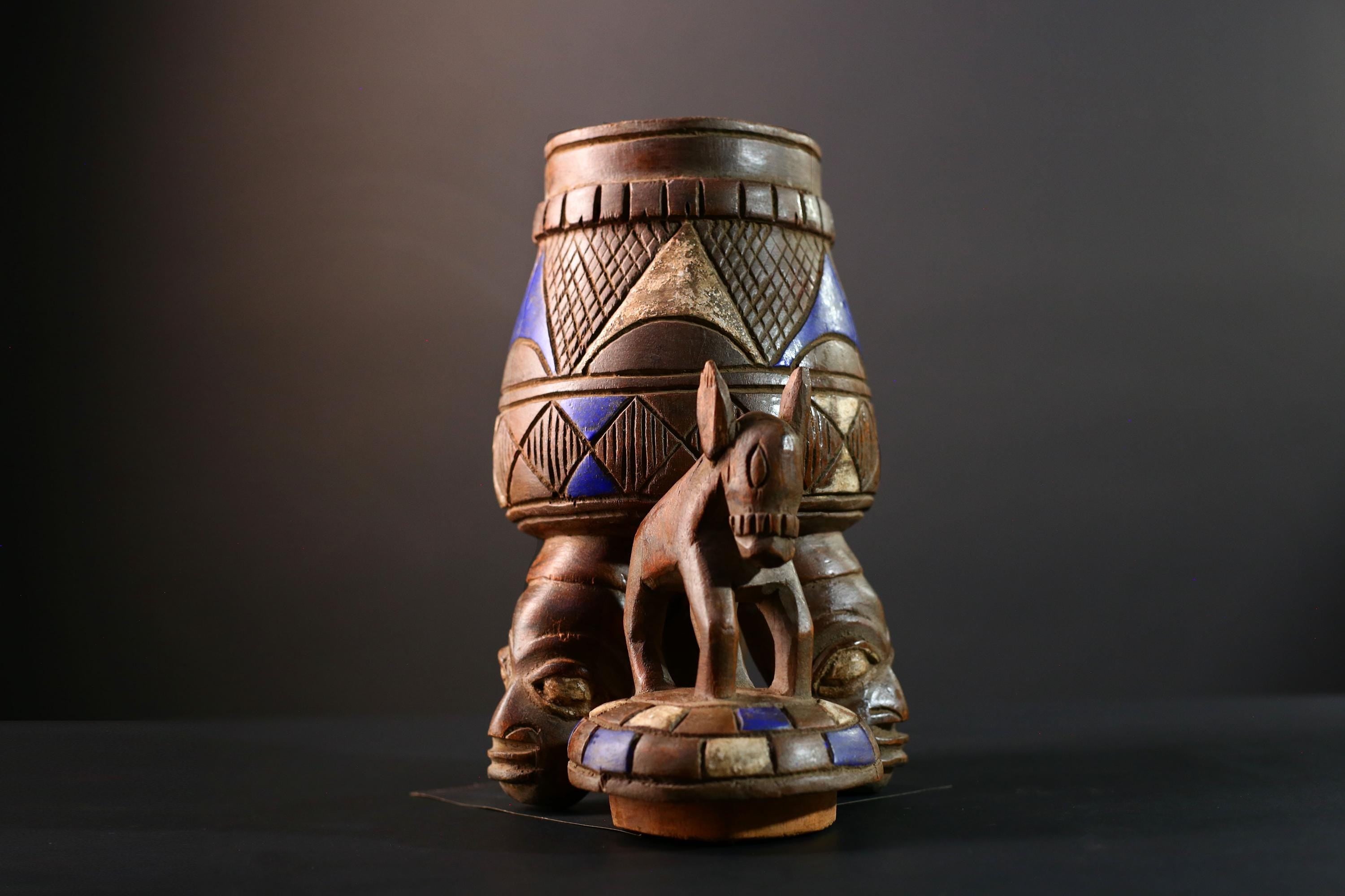 African Tribal Vessel with Animal Finial and Twin Face Base Carved Wooden Container from Nigeria Cultural Art Home Ethnic Sculpture-G5620