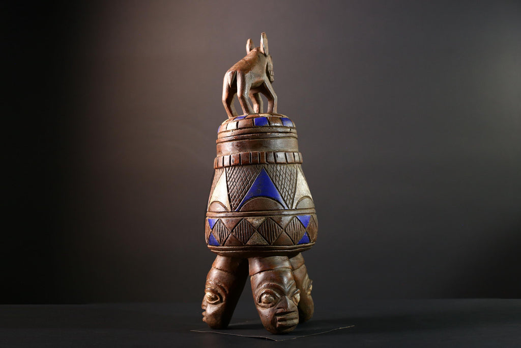 African Tribal Vessel with Animal Finial and Twin Face Base Carved Wooden Container from Nigeria Cultural Art Home Ethnic Sculpture-G5620