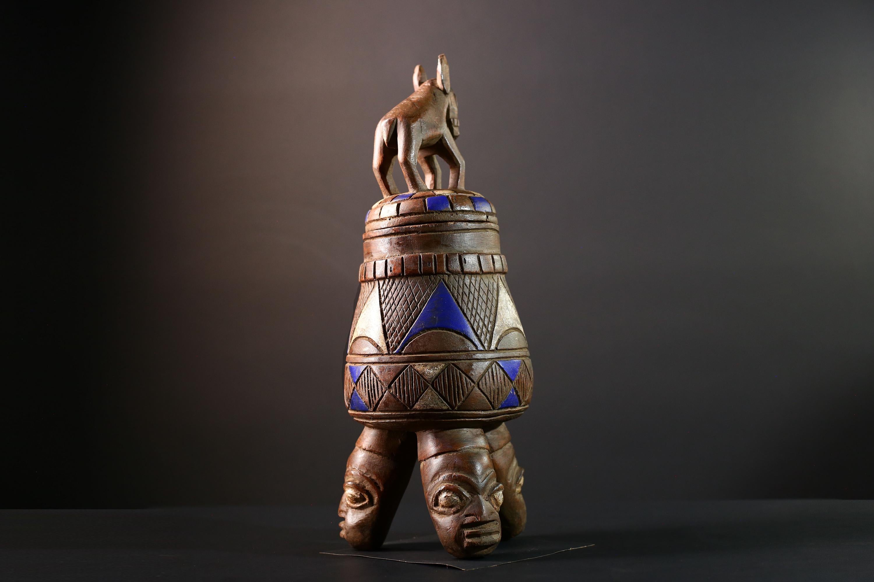 African Tribal Vessel with Animal Finial and Twin Face Base Carved Wooden Container from Nigeria Cultural Art Home Ethnic Sculpture-G5620