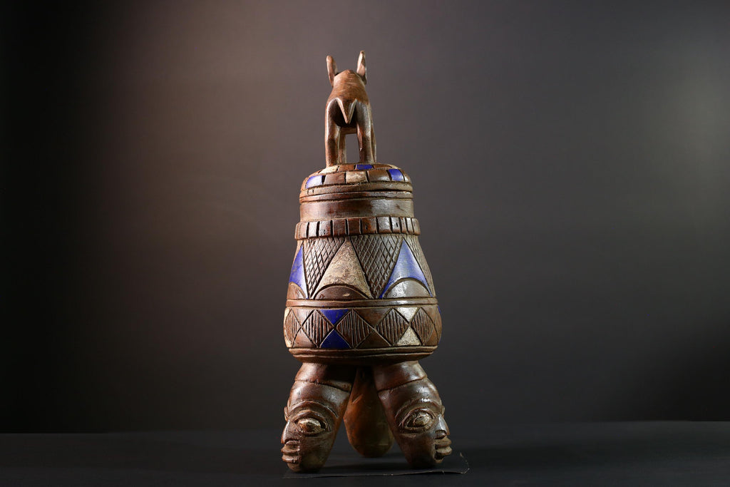 African Tribal Vessel with Animal Finial and Twin Face Base Carved Wooden Container from Nigeria Cultural Art Home Ethnic Sculpture-G5620