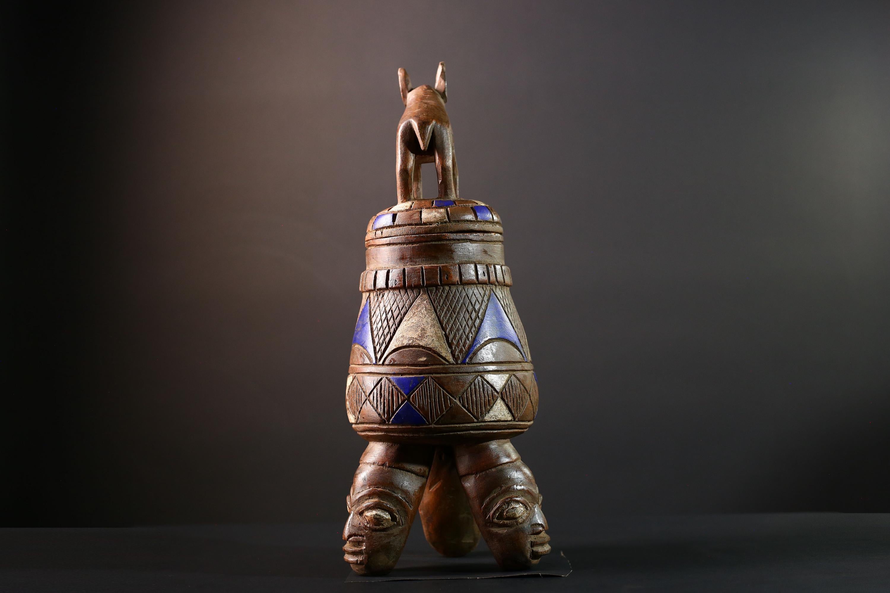African Tribal Vessel with Animal Finial and Twin Face Base Carved Wooden Container from Nigeria Cultural Art Home Ethnic Sculpture-G5620