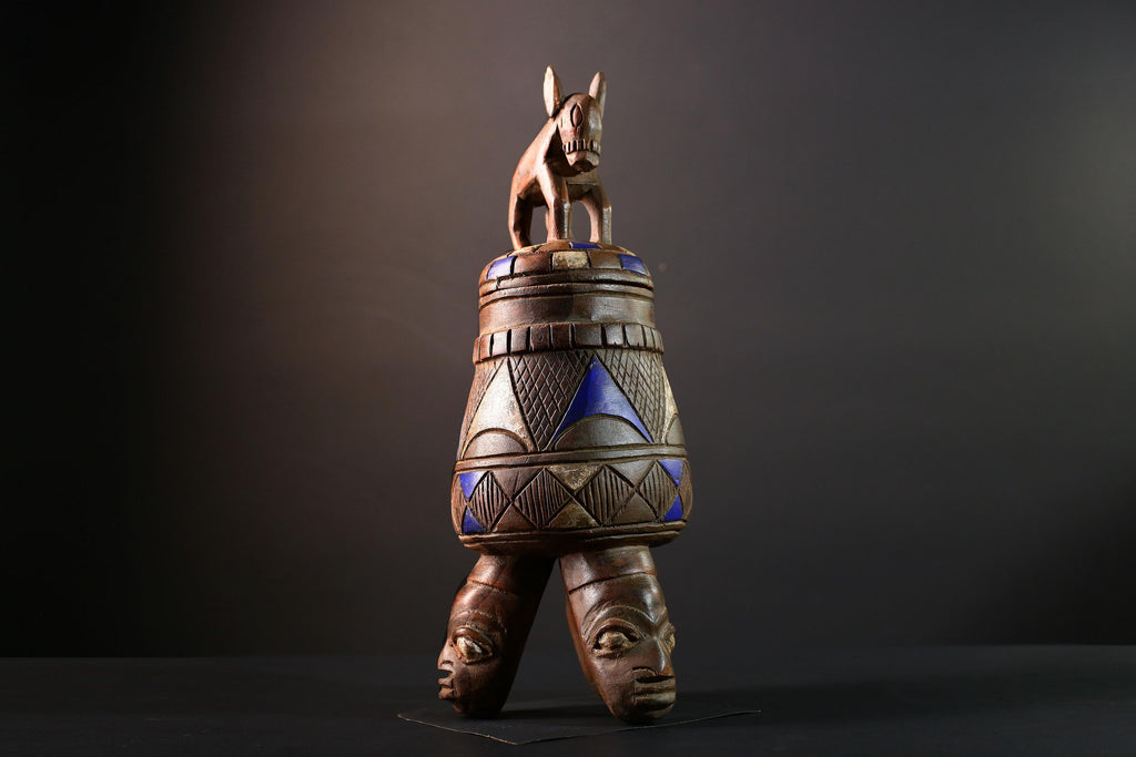African Tribal Vessel with Animal Finial and Twin Face Base Carved Wooden Container from Nigeria Cultural Art Home Ethnic Sculpture-G5620