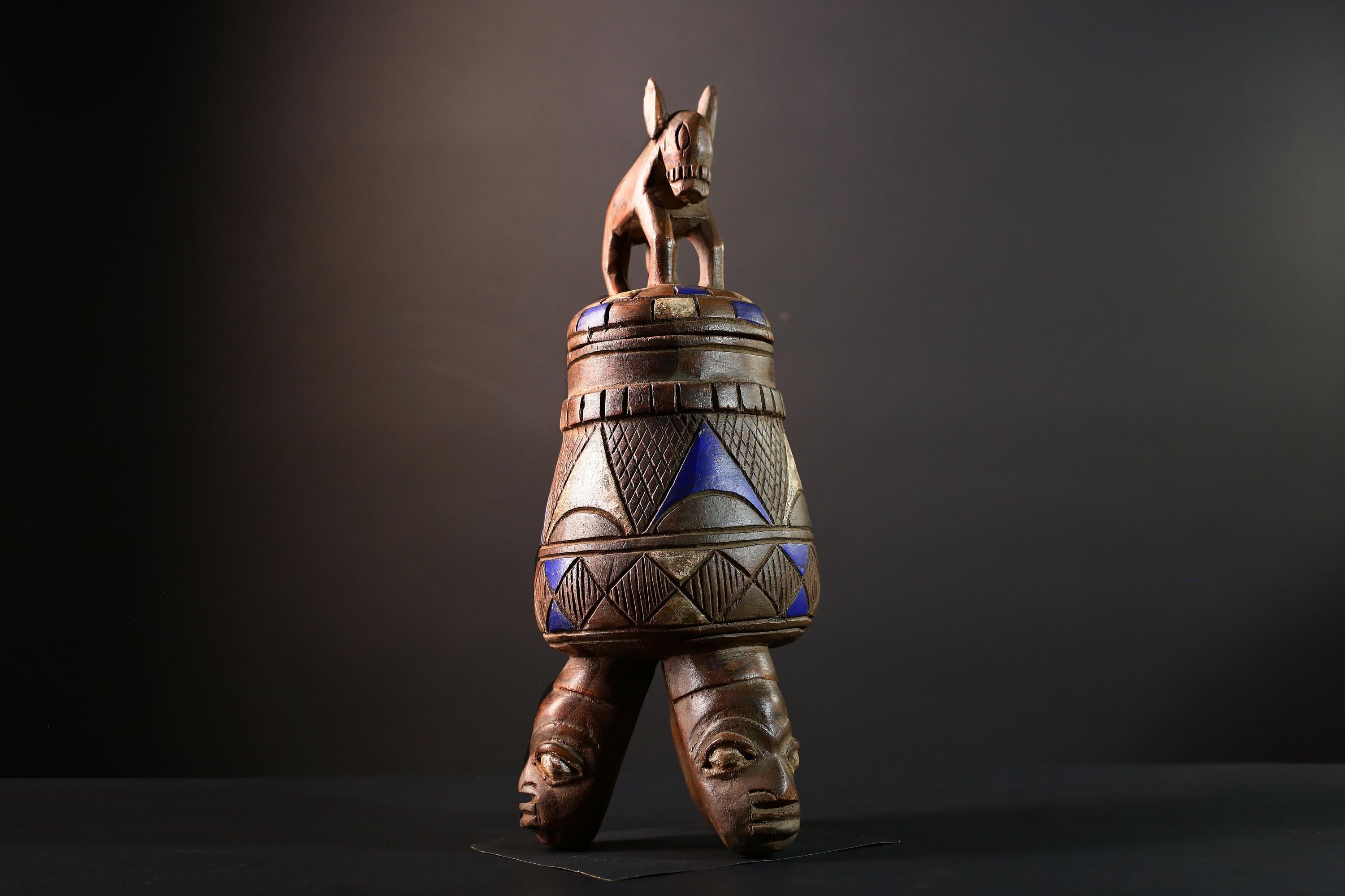 African Tribal Vessel with Animal Finial and Twin Face Base Carved Wooden Container from Nigeria Cultural Art Home Ethnic Sculpture-G5620
