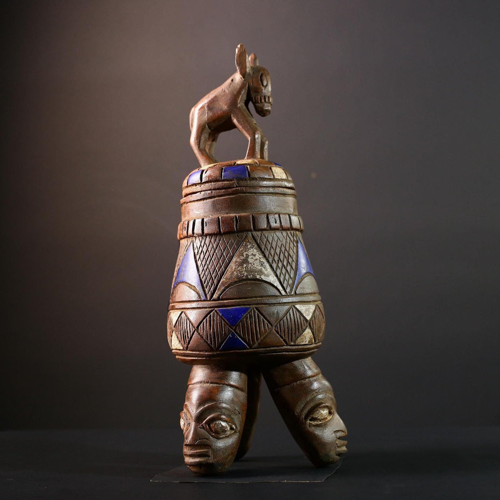 African Tribal Vessel with Animal Finial and Twin Face Base Carved Wooden Container from Nigeria Cultural Art Home Ethnic Sculpture-G5620