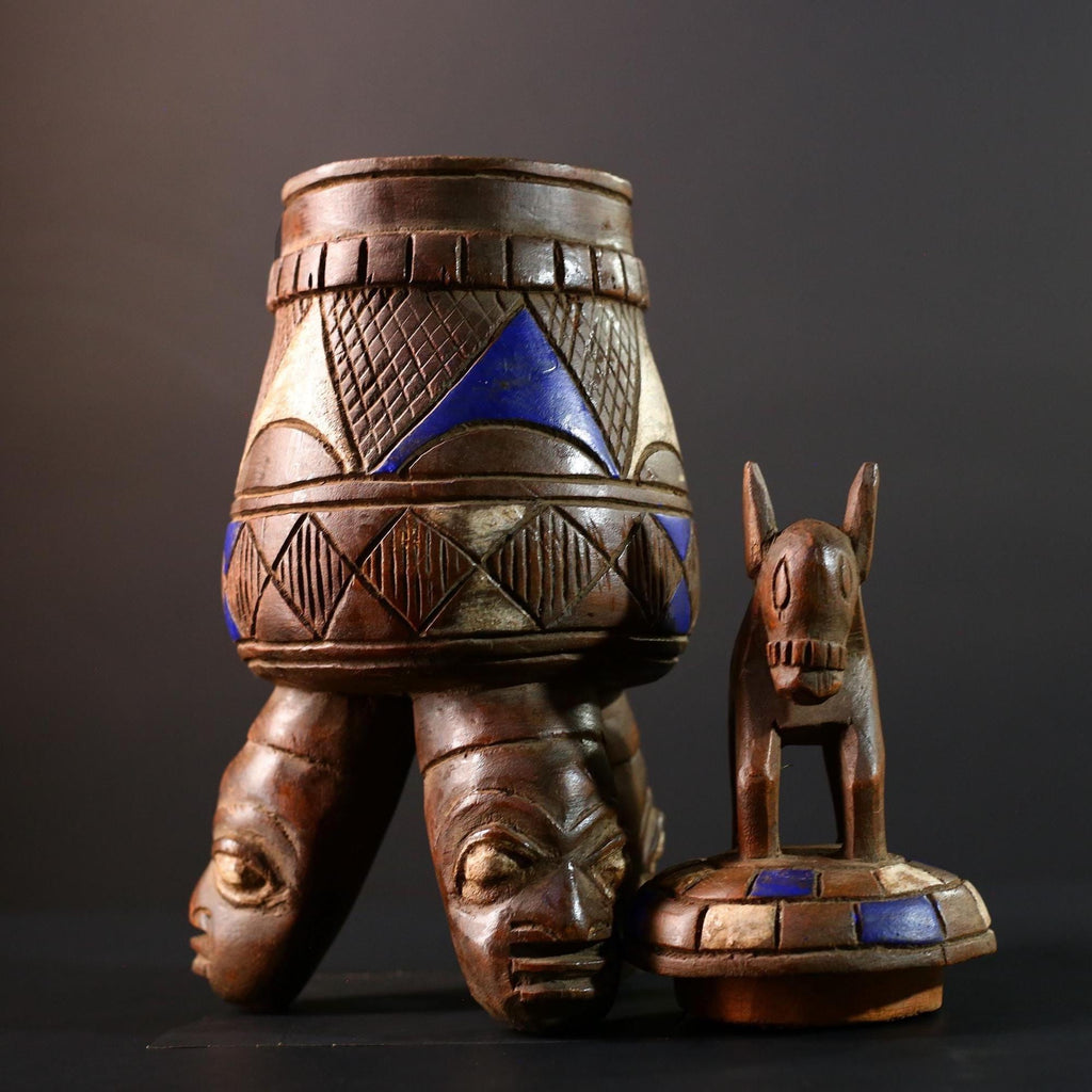 African Tribal Vessel with Animal Finial and Twin Face Base Carved Wooden Container from Nigeria Cultural Art Home Ethnic Sculpture-G5620