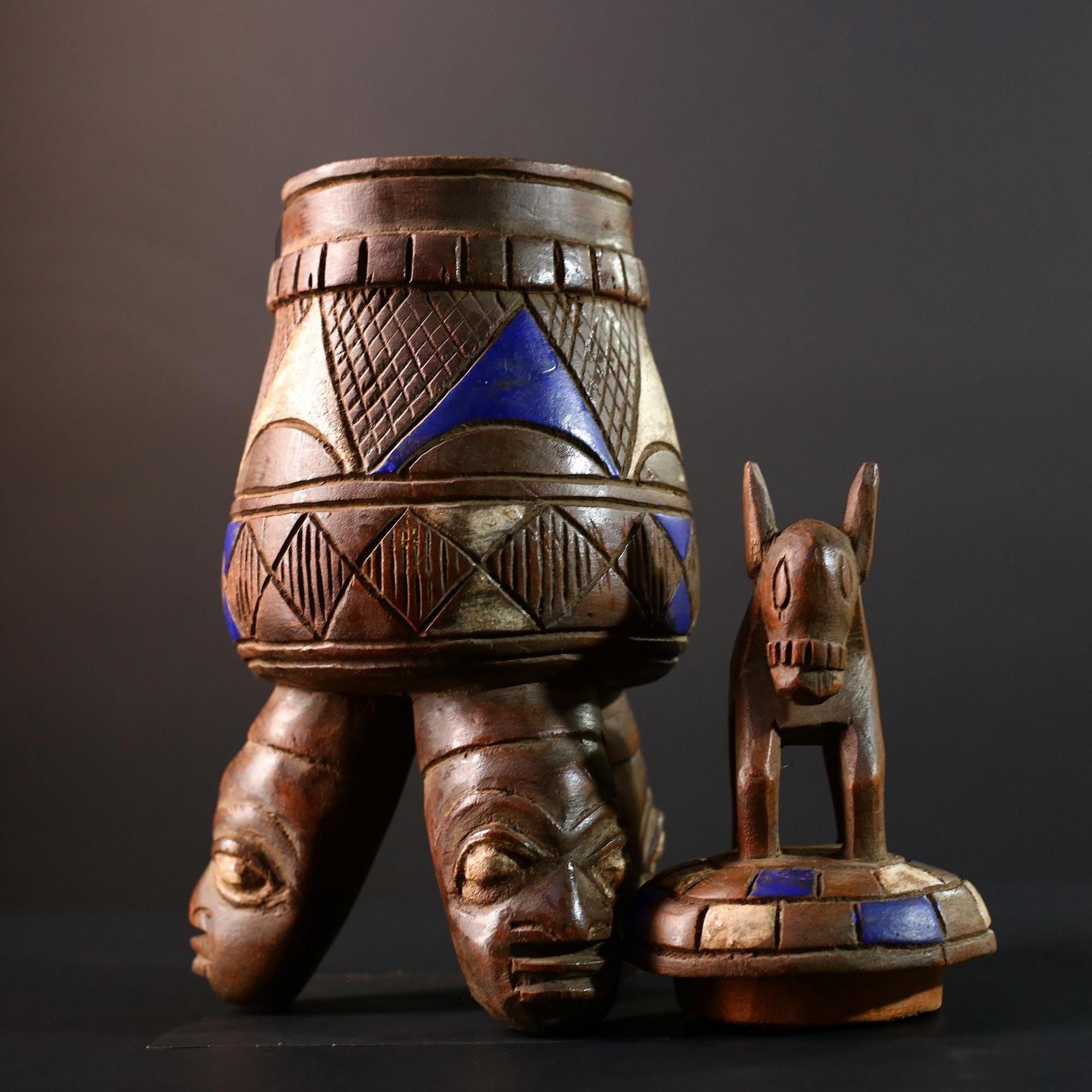 African Tribal Vessel with Animal Finial and Twin Face Base Carved Wooden Container from Nigeria Cultural Art Home Ethnic Sculpture-G5620