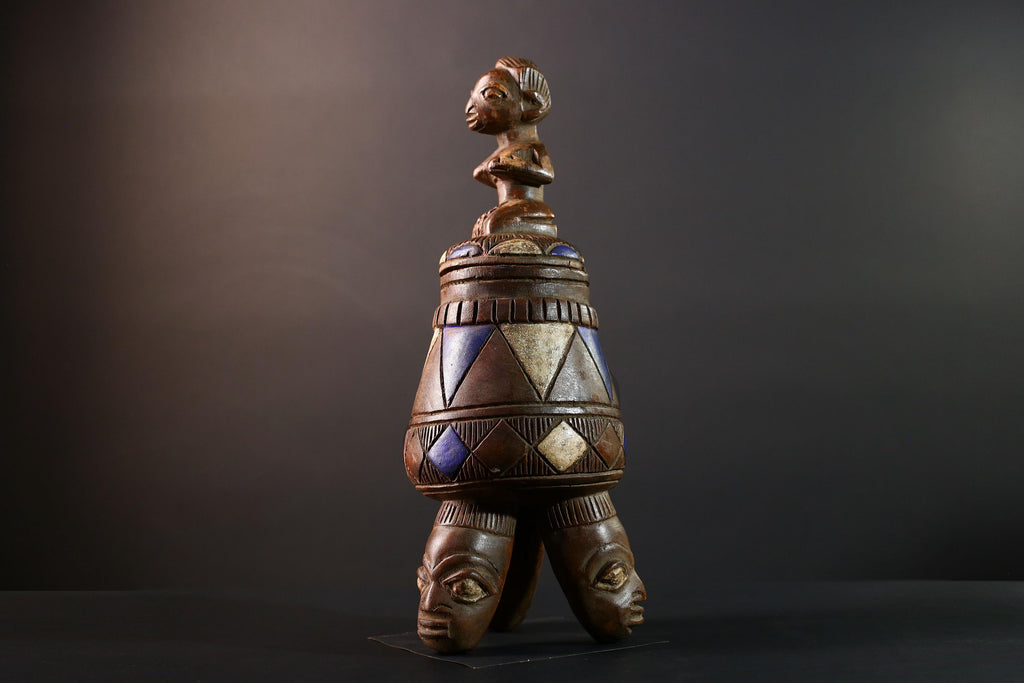 African Tribal Vessel Hand Carved Ritual Jar with Female Figure Blue White Patterned Tripod Urn Nigerian Wood Art Decor-G5621