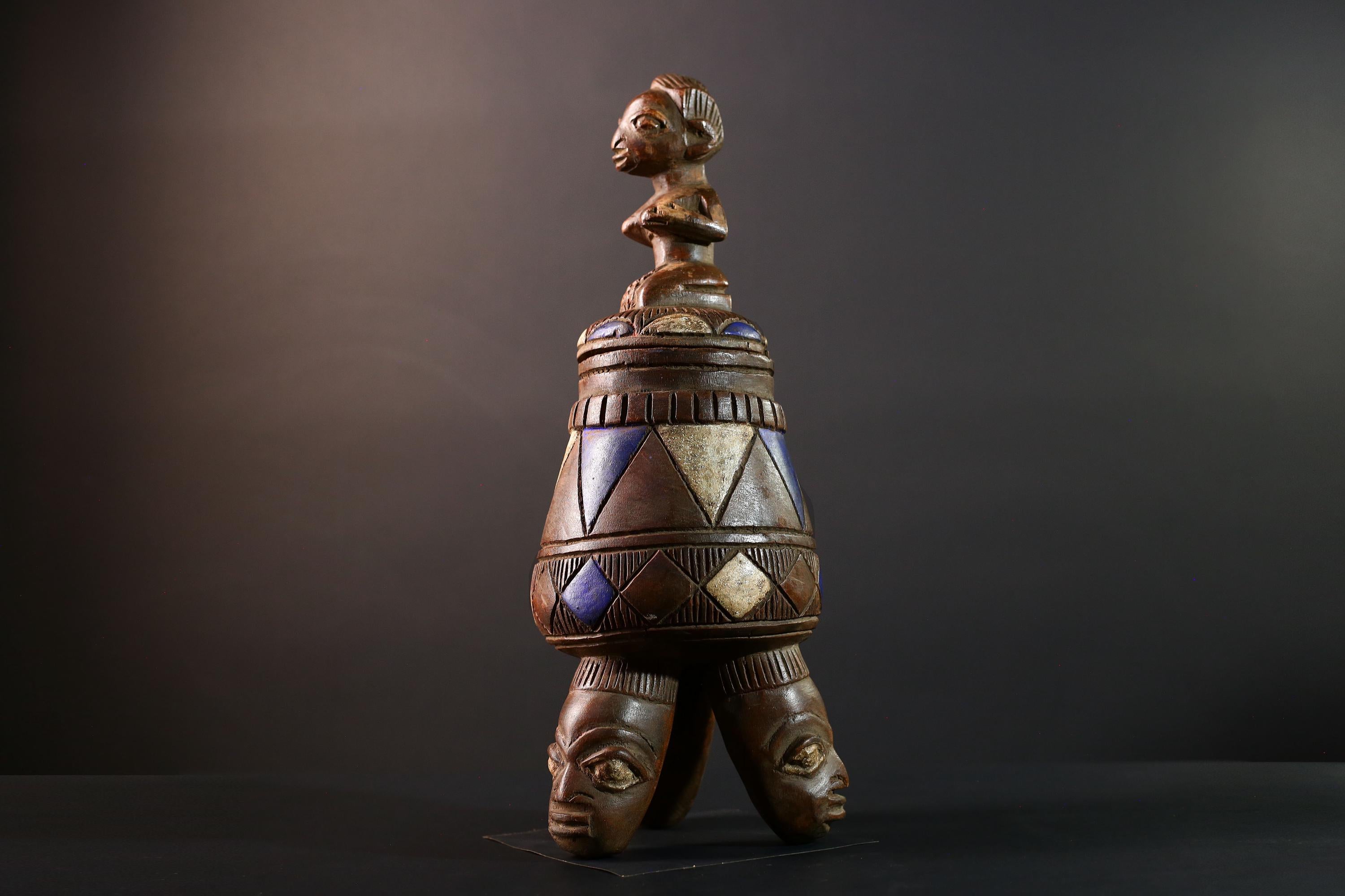 African Tribal Vessel Hand Carved Ritual Jar with Female Figure Blue White Patterned Tripod Urn Nigerian Wood Art Decor-G5621