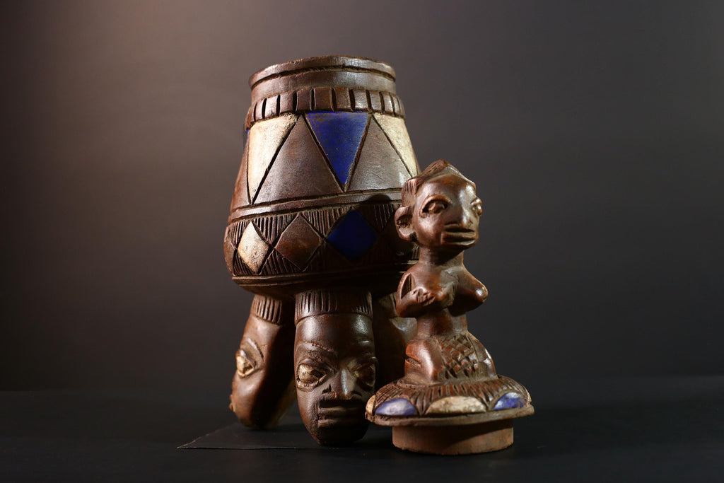 African Tribal Vessel Hand Carved Ritual Jar with Female Figure Blue White Patterned Tripod Urn Nigerian Wood Art Decor-G5621
