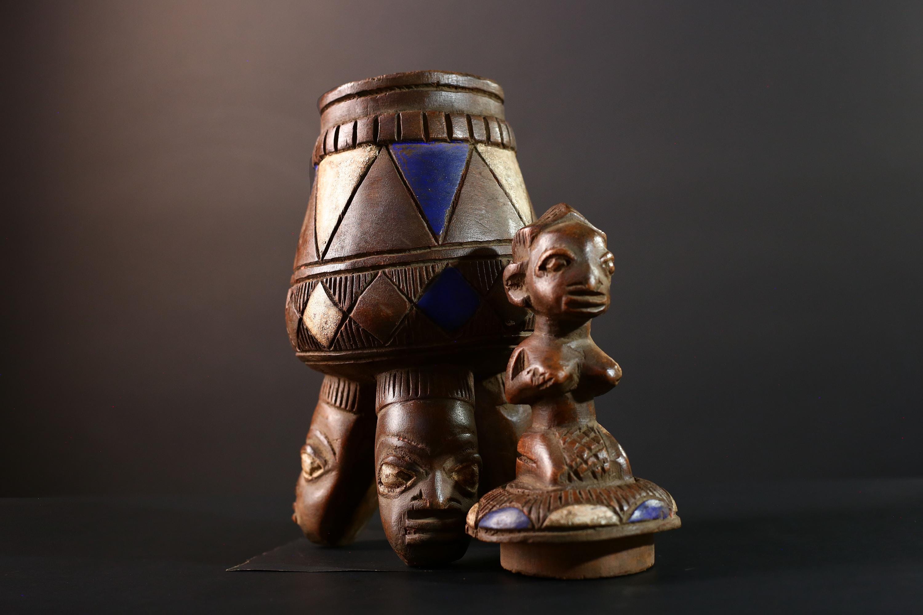 African Tribal Vessel Hand Carved Ritual Jar with Female Figure Blue White Patterned Tripod Urn Nigerian Wood Art Decor-G5621