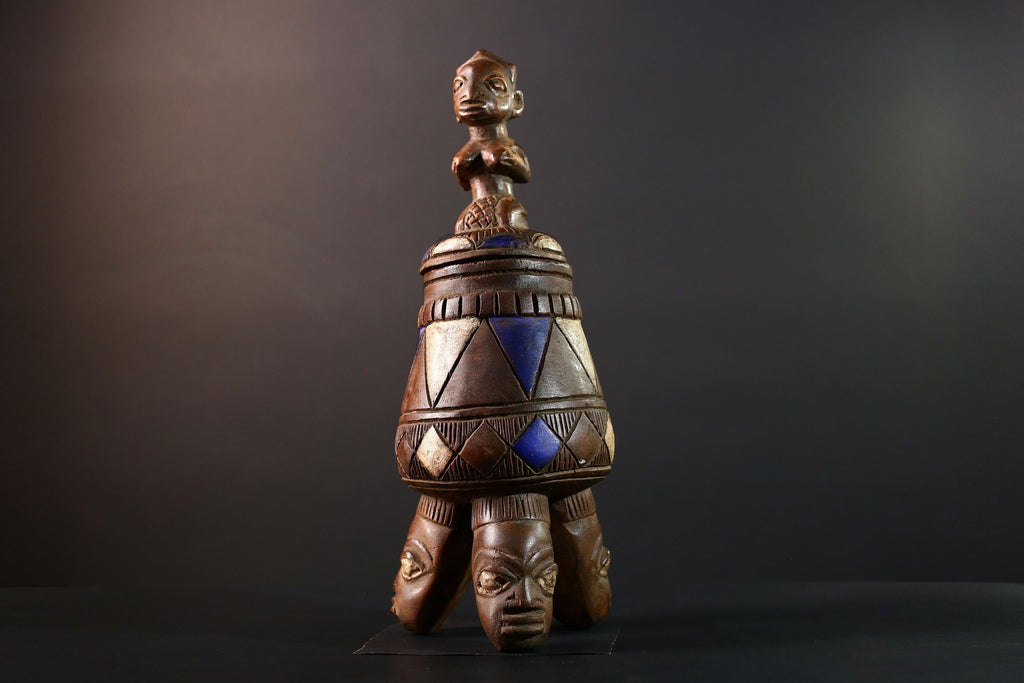 African Tribal Vessel Hand Carved Ritual Jar with Female Figure Blue White Patterned Tripod Urn Nigerian Wood Art Decor-G5621
