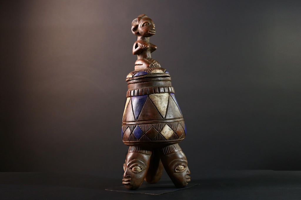 African Tribal Vessel Hand Carved Ritual Jar with Female Figure Blue White Patterned Tripod Urn Nigerian Wood Art Decor-G5621