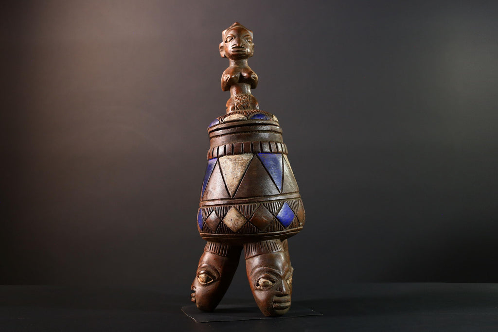 African Tribal Vessel Hand Carved Ritual Jar with Female Figure Blue White Patterned Tripod Urn Nigerian Wood Art Decor-G5621
