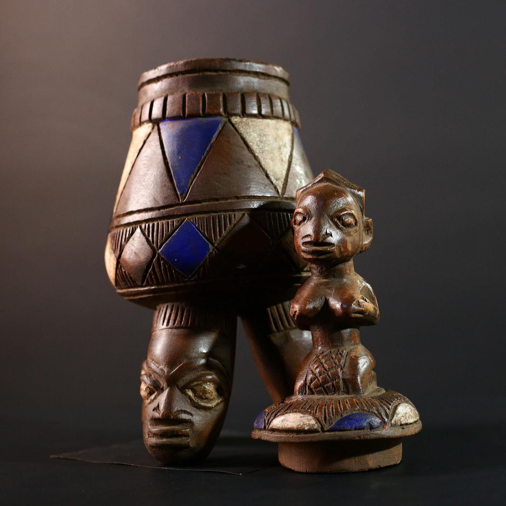 African Tribal Vessel Hand Carved Ritual Jar with Female Figure Blue White Patterned Tripod Urn Nigerian Wood Art Decor-G5621