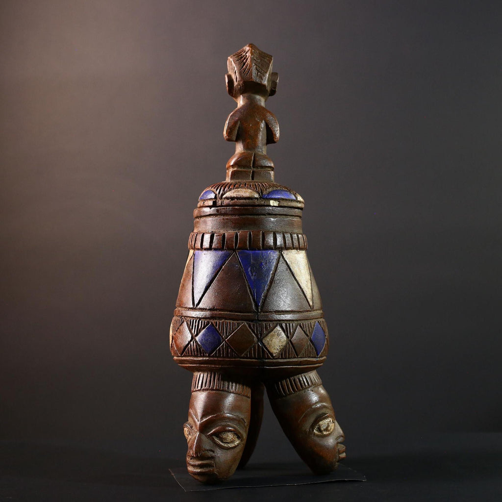 African Tribal Vessel Hand Carved Ritual Jar with Female Figure Blue White Patterned Tripod Urn Nigerian Wood Art Decor-G5621