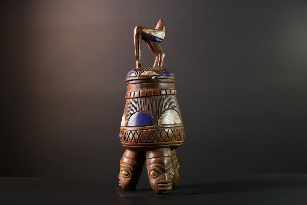 African Tribal Vessel Bird Lid Jar with Carved Head Tripod Base Blue White Geometric Pattern Nigerian Ritual Wood Art Decor-G5622