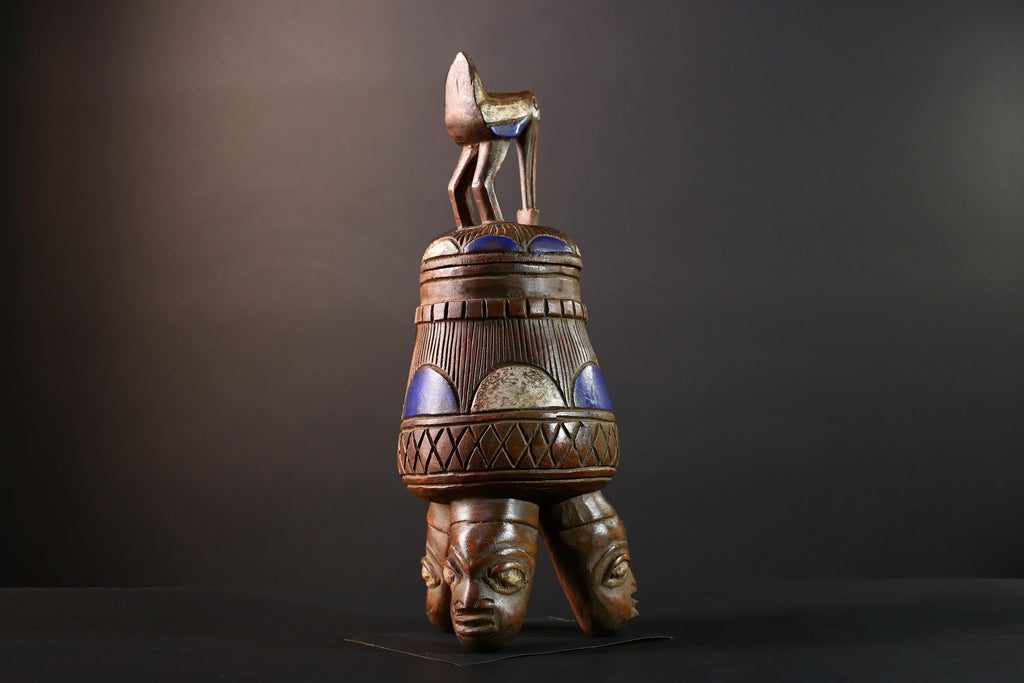 African Tribal Vessel Bird Lid Jar with Carved Head Tripod Base Blue White Geometric Pattern Nigerian Ritual Wood Art Decor-G5622