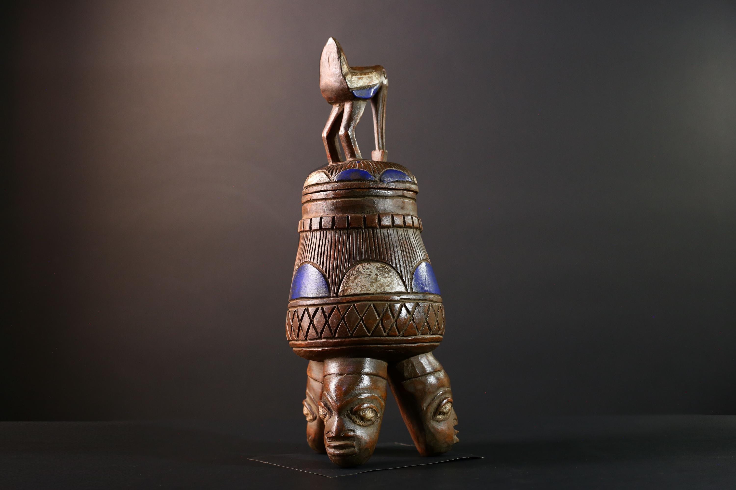 African Tribal Vessel Bird Lid Jar with Carved Head Tripod Base Blue White Geometric Pattern Nigerian Ritual Wood Art Decor-G5622