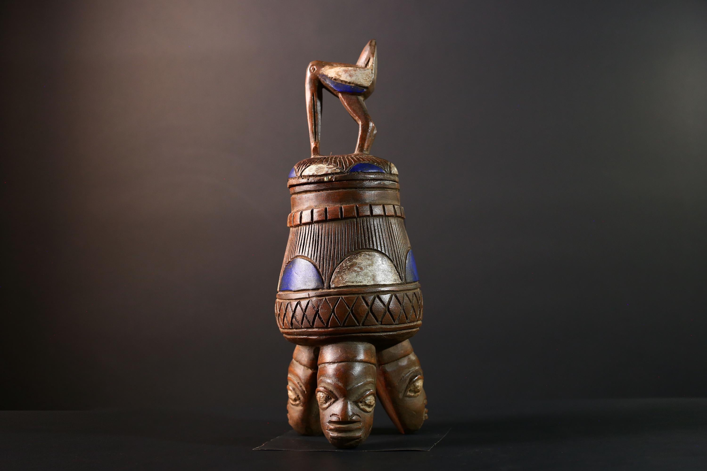African Tribal Vessel Bird Lid Jar with Carved Head Tripod Base Blue White Geometric Pattern Nigerian Ritual Wood Art Decor-G5622