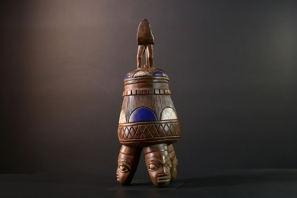African Tribal Vessel Bird Lid Jar with Carved Head Tripod Base Blue White Geometric Pattern Nigerian Ritual Wood Art Decor-G5622